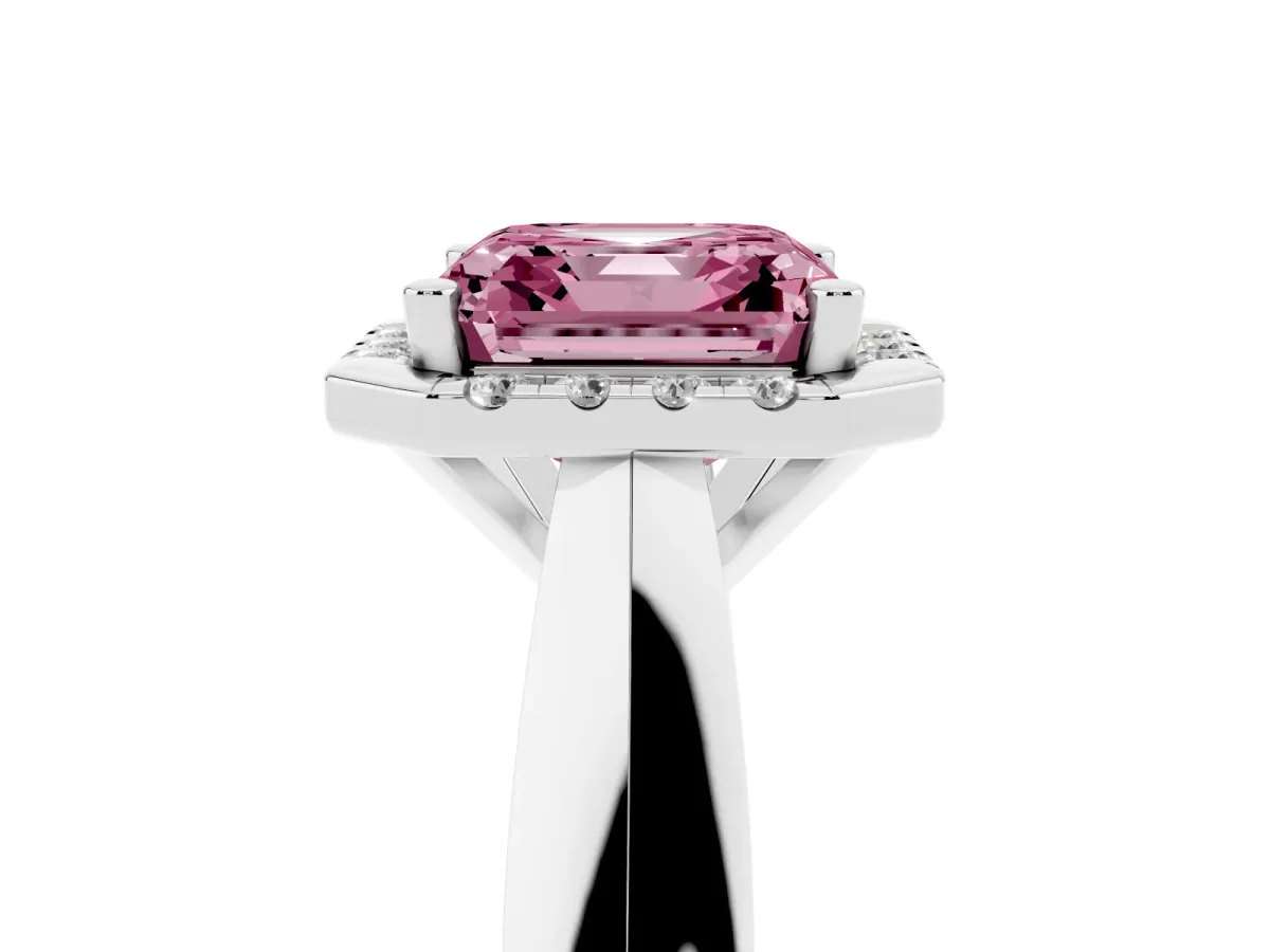Fancy Pink Asscher Cut Cut Halo Solitaire Engagement Ring with Square Band and Four-Prong Setting Platinum