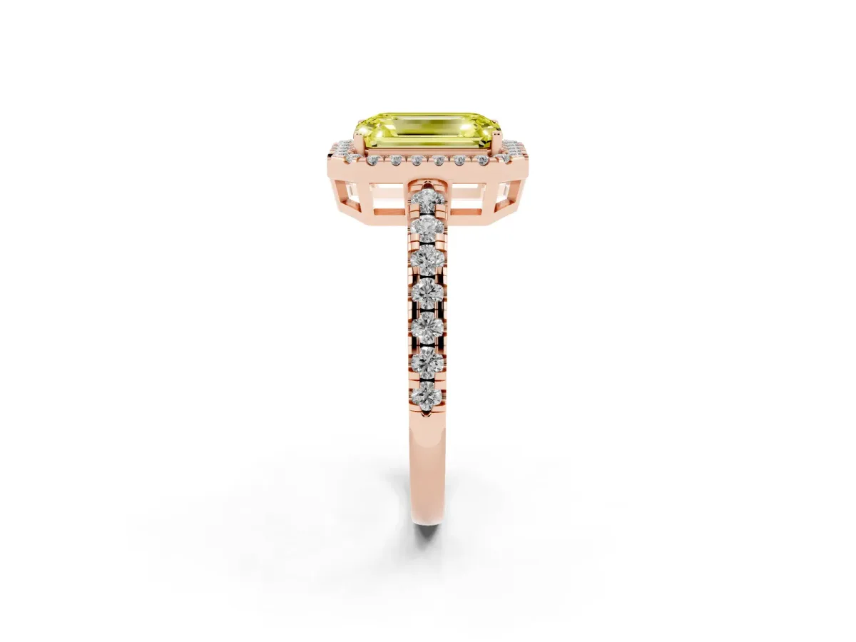 Fancy Yellow Emerald Cut Diamond Halo Ring with Pavé Band and Four-Prong Setting Rose gold