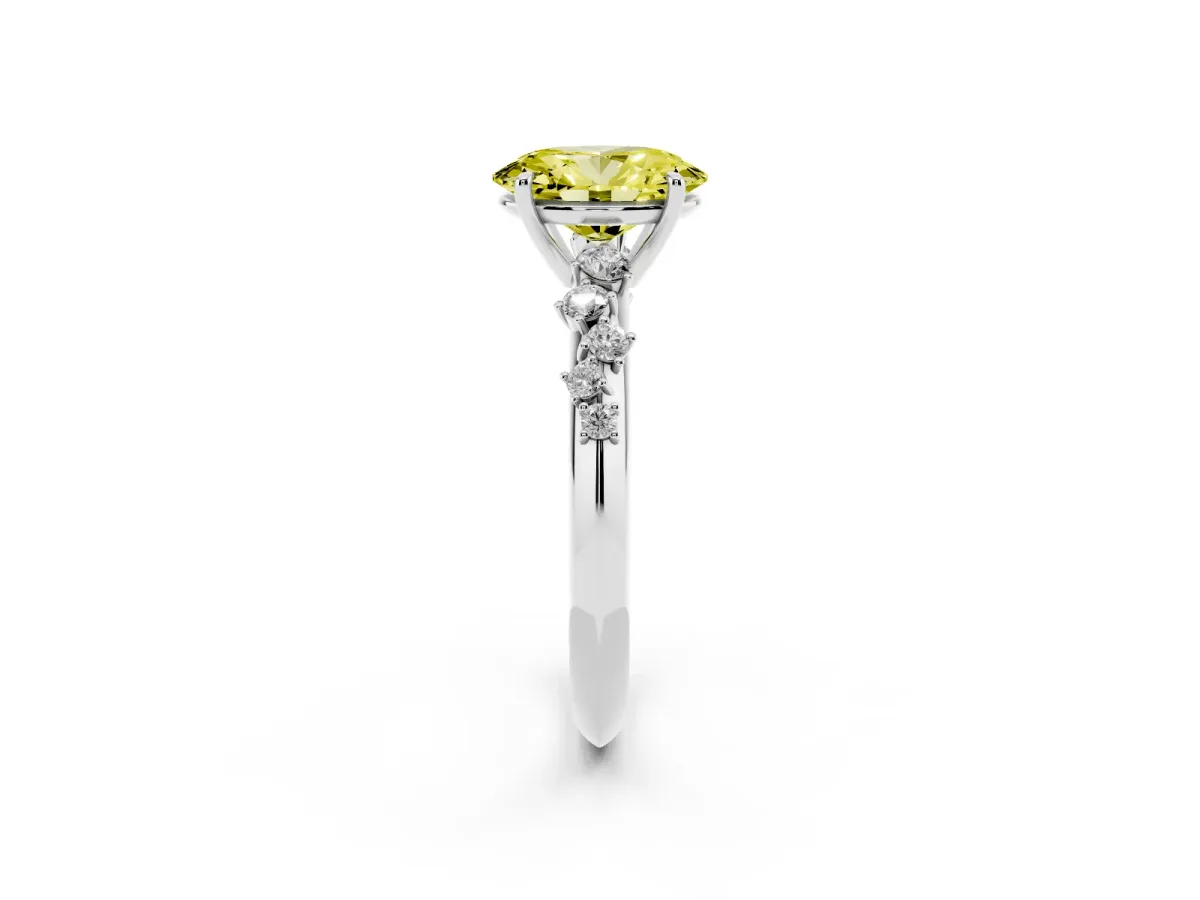 Fancy Yellow Oval Cut Diamond Cluster Side Stone Solitaire Ring with Prong Setting Silver