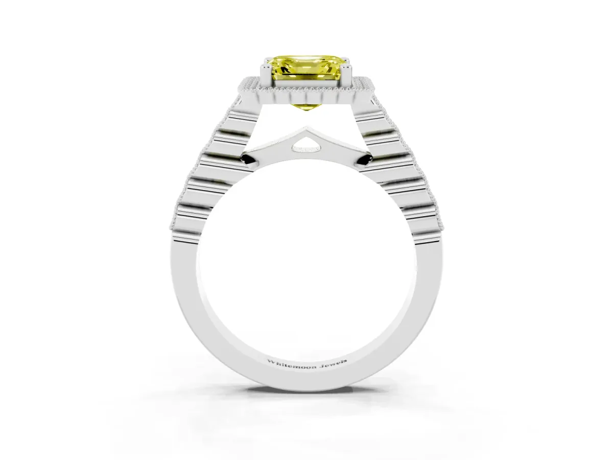 Fancy Yellow Asscher Cut Cut Halo Pavé Solitaire Ring with Milgrain Band Silver