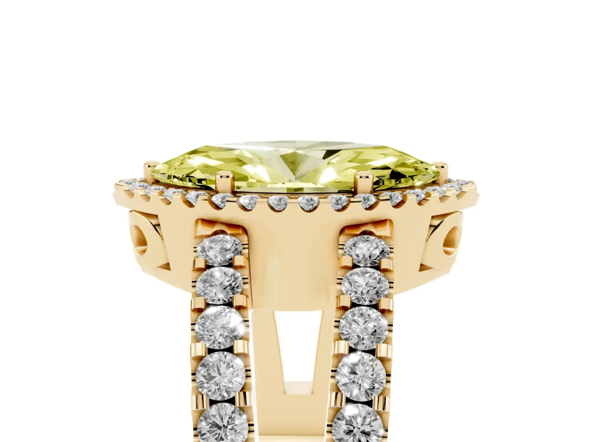 Fancy Yellow Marquise Cut Cut Halo Split Shank Diamond Ring with Four-Prong Setting Yellow gold