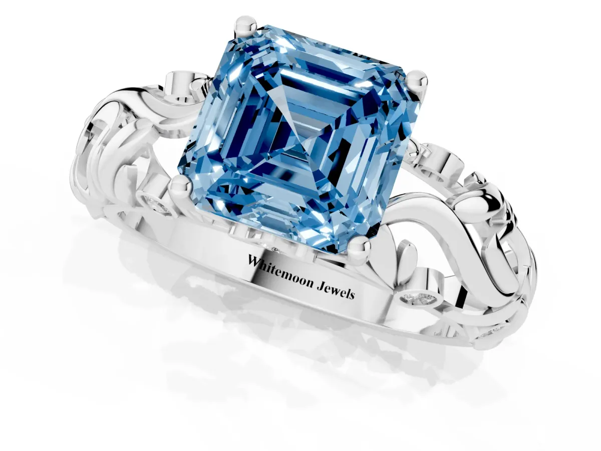 Fancy Blue Asscher Cut Solitaire Diamond Leaf-Inspired Vine Band Ring with Prong Setting Platinum