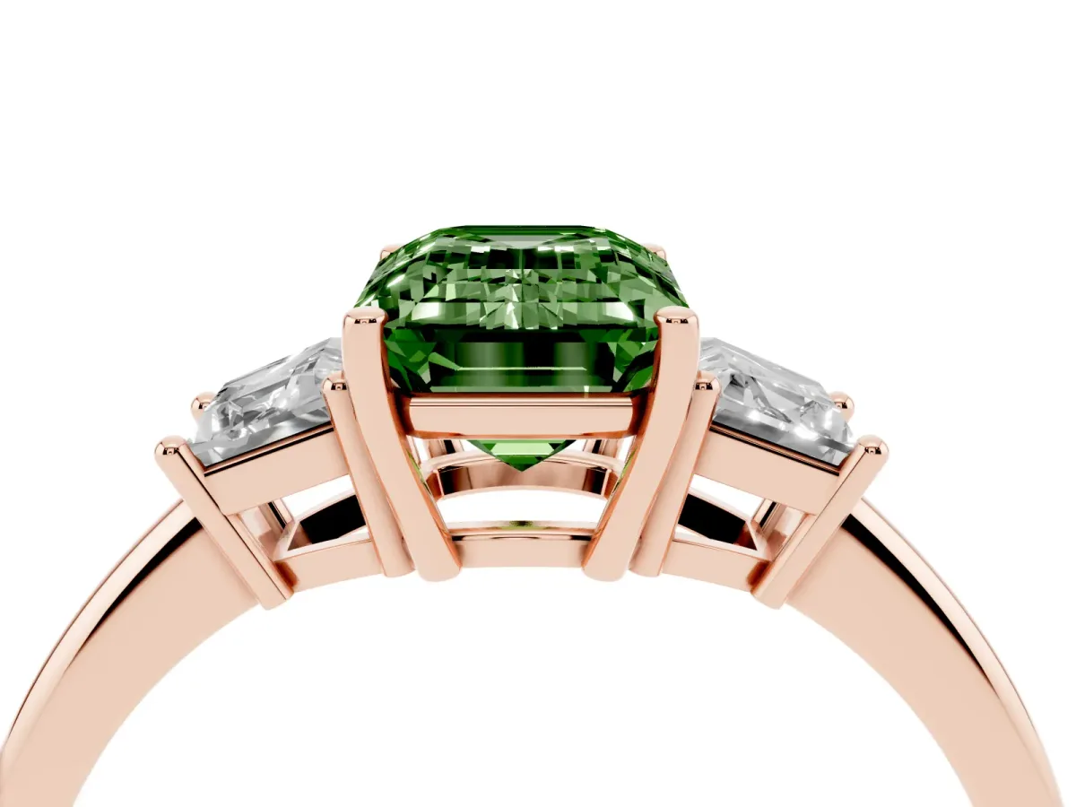 Fancy Green Emerald Cut Diamond Three-Stone Ring with Trapezoid Side Stones and Prong Setting Rose gold