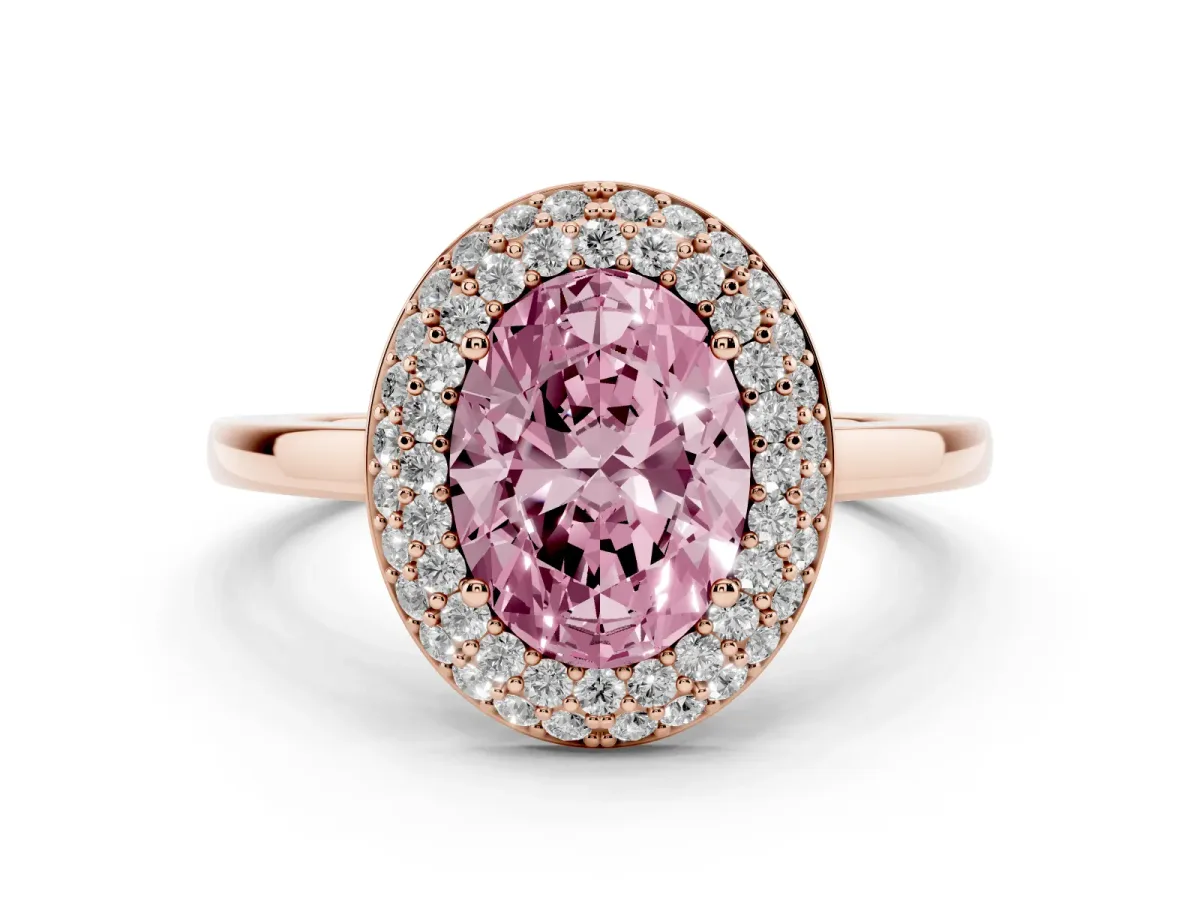 Fancy Pink Oval Cut Halo Diamond Engagement Ring with Solitaire Band and Four-Prong Setting Rose gold