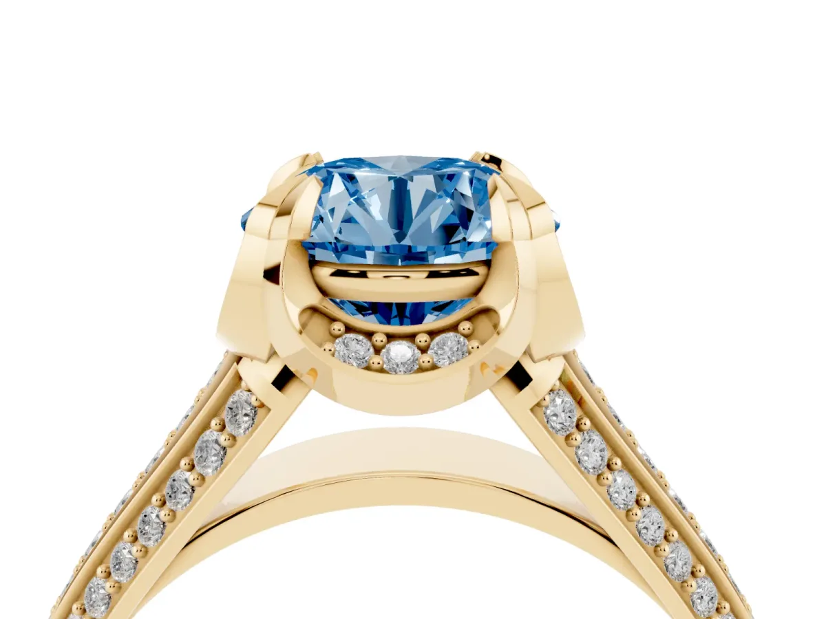 Fancy Blue Round Cut Solitaire Pave Split Shank Ring with Four-Prong Setting Yellow gold