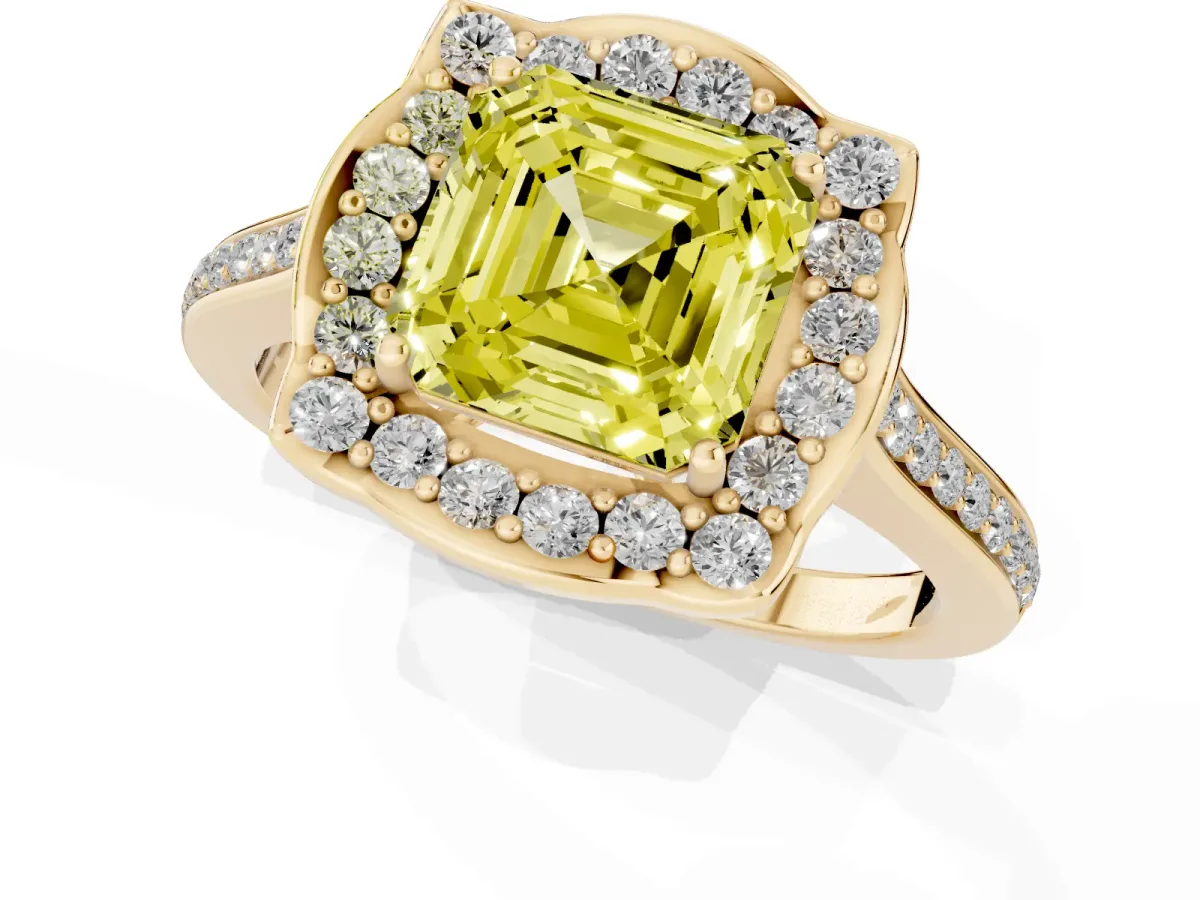 Fancy Yellow Asscher Cut Halo Round Diamond Pave Band with Four-Prong Setting Yellow gold