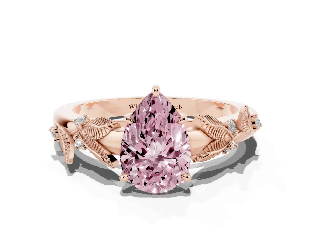 Fancy Pink Pear Cut Diamond Solitaire Ring with Leaf Motif Band and Four-Prong Setting Rose gold