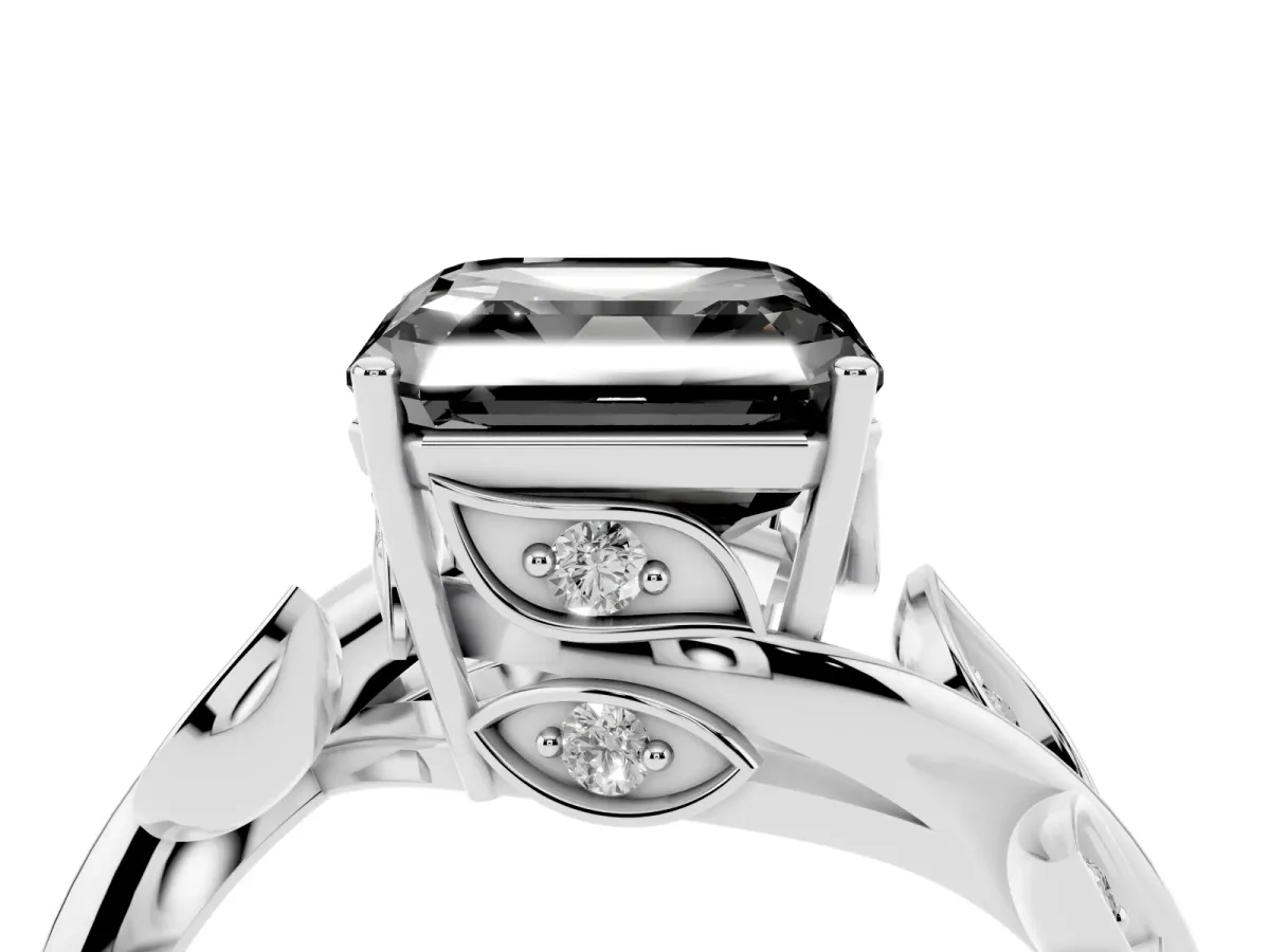 Fancy Black Asscher Cut Solitaire Twist Engagement Ring with Leaf Accents and Prong Setting White gold