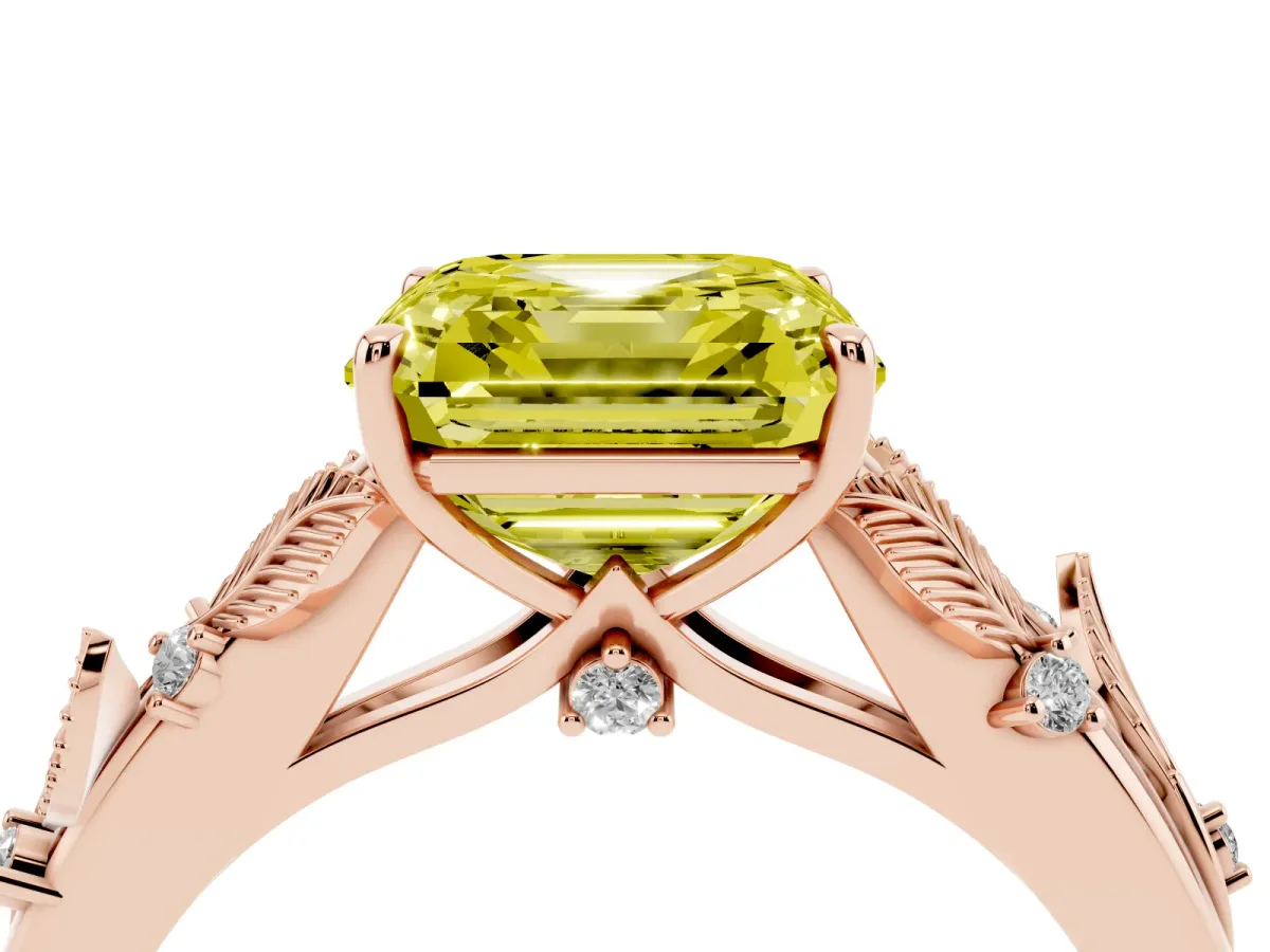 Fancy Yellow Asscher Cut Diamond Solitaire Ring with Leaf Motif Band and Four-Prong Setting Rose gold