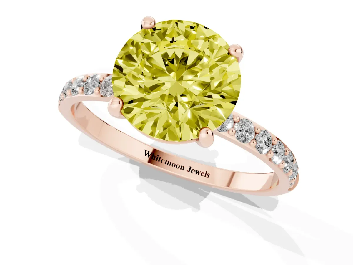 Fancy Yellow Round Cut Diamond Solitaire Ring with Round Pavé Band and Prong Setting Rose gold
