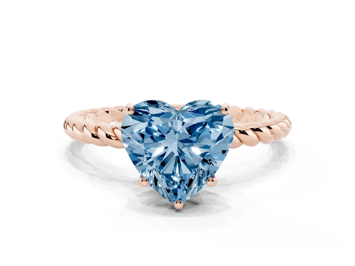 Fancy Blue Heart Cut Solitaire Twist Band Ring with Four-Prong Setting Rose gold