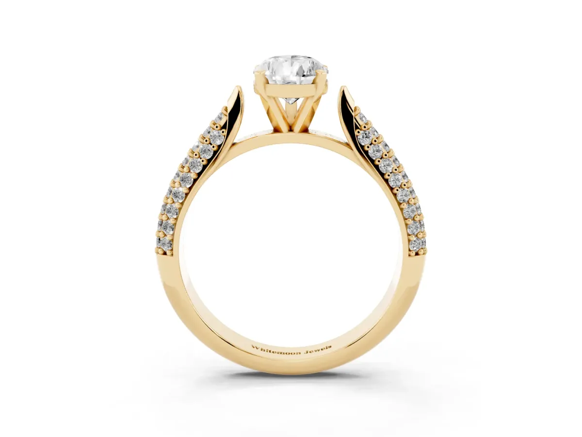 Pear Cut Diamond Solitaire Engagement Ring with Multi-Row Round Pavé Band and Prong Setting Yellow gold