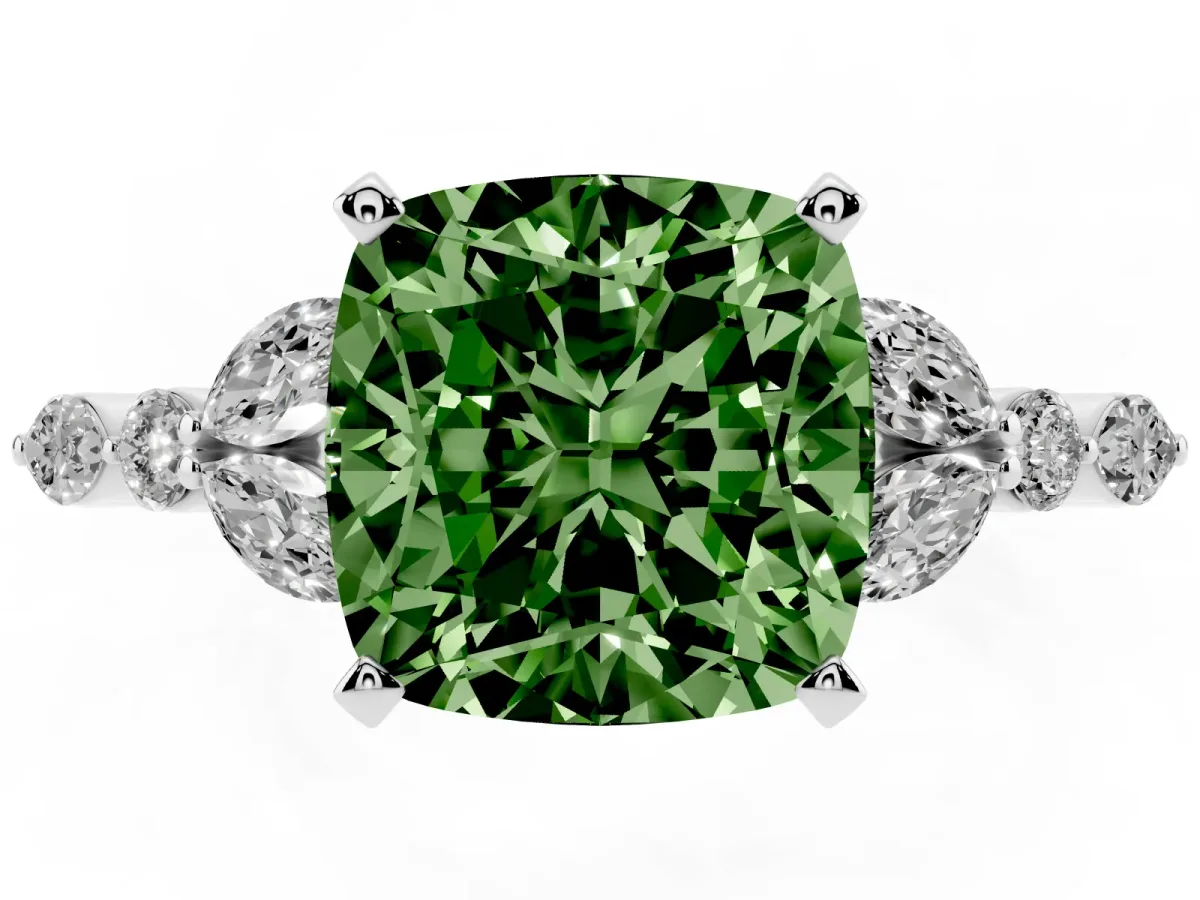 Fancy Green Cushion Cut Diamond Solitaire Ring with Side Stones and Four-Prong Setting Silver