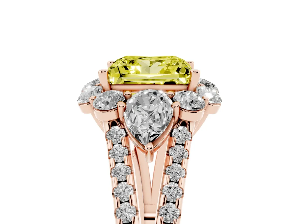 Fancy Yellow Princess Cut Halo Split Shank Diamond Engagement Ring with Prong Setting Rose gold