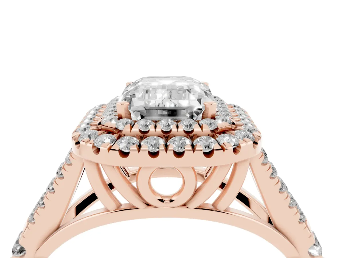 Emerald Cut Diamond Pavé Split Shank Double Halo Engagement Ring Rose gold