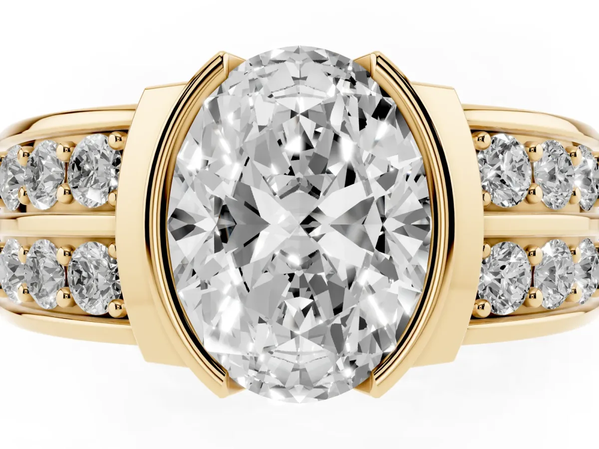 Oval Cut Brilliant Diamond Channel Set Wide Band Ring with Bezel Setting Yellow gold