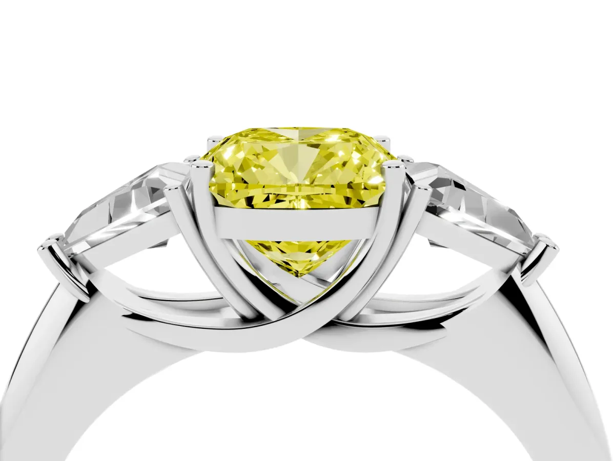 Fancy Yellow Three-Stone Cushion Cut Diamond Engagement Ring with Trillion Side Stones and Prong Setting Silver