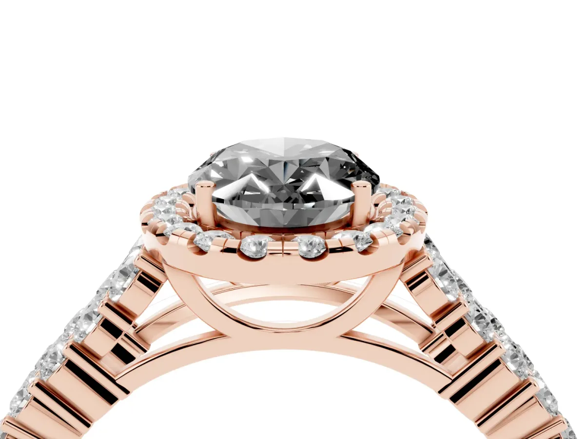 Fancy Black Oval Cut Diamond Halo Engagement Ring with Triple Row Round Pavé Band and Prong Setting Rose gold