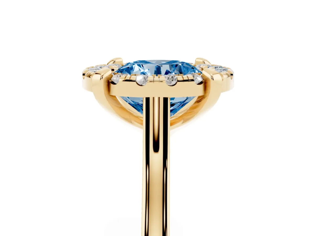 Fancy Blue Round Cut Diamond Cluster Halo Solitaire with Four-Prong Setting Yellow gold