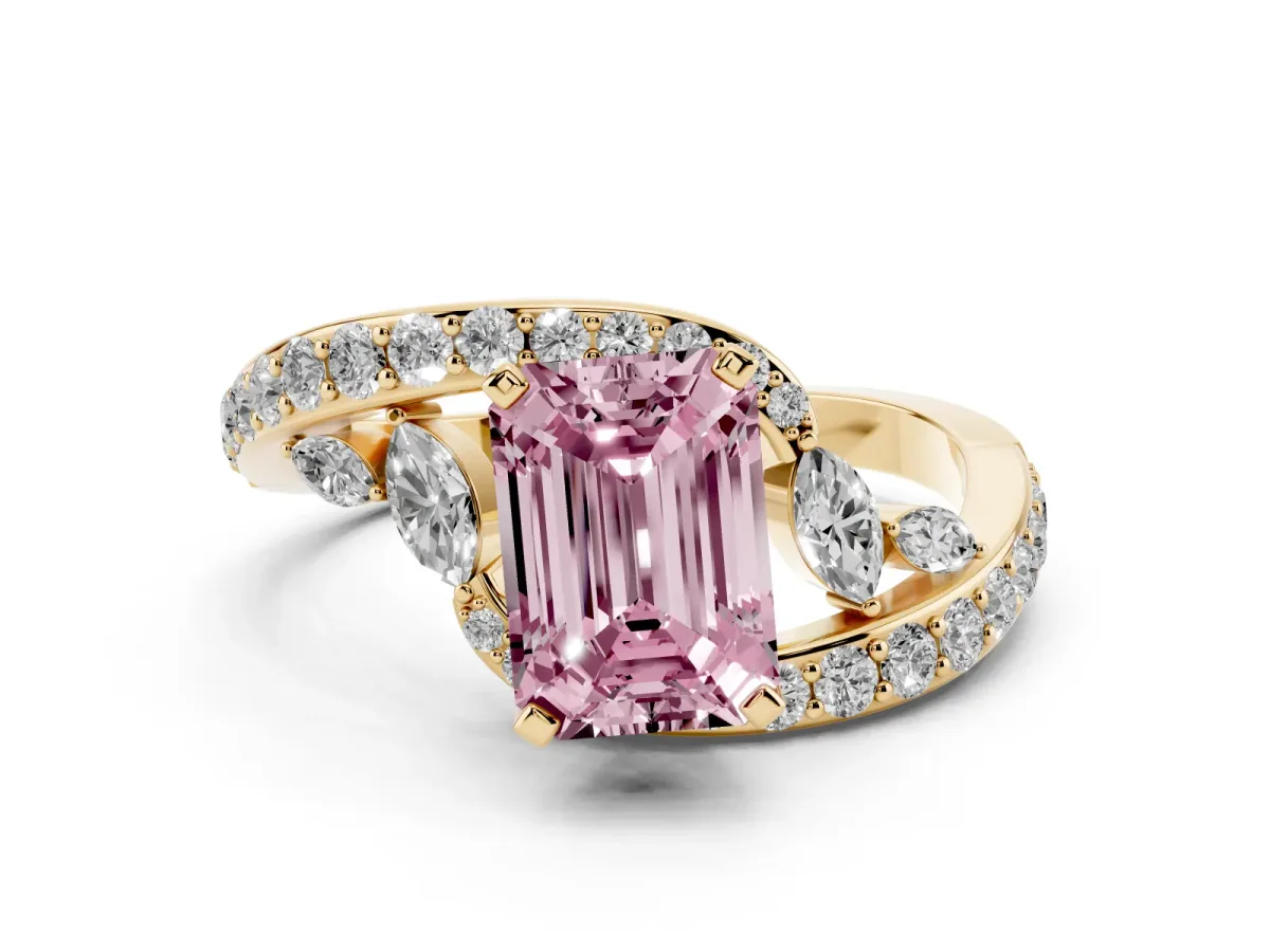 Fancy Pink Emerald Cut Solitaire with Pavé Twist Band and Four-Prong Setting Yellow gold