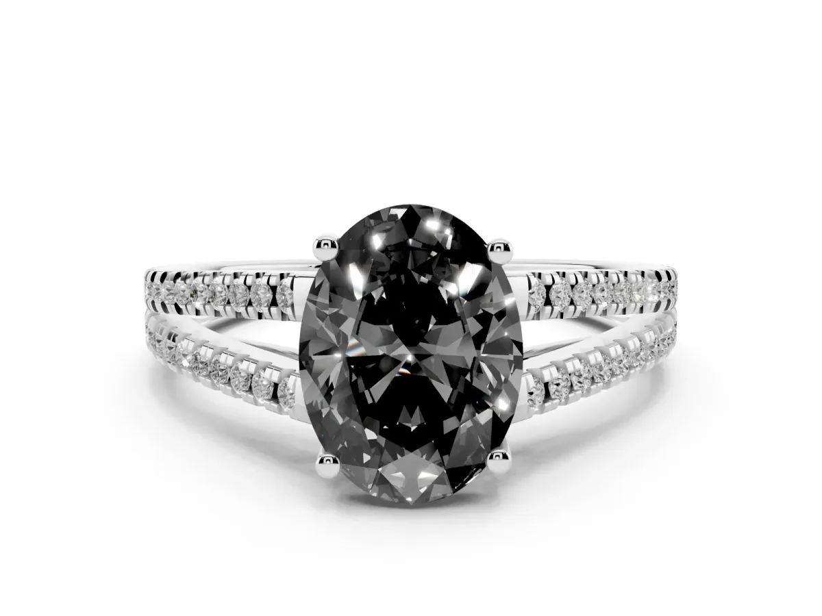 Fancy Black Oval Cut Diamond Solitaire Engagement Ring with Split Shank Pavé Band Platinum