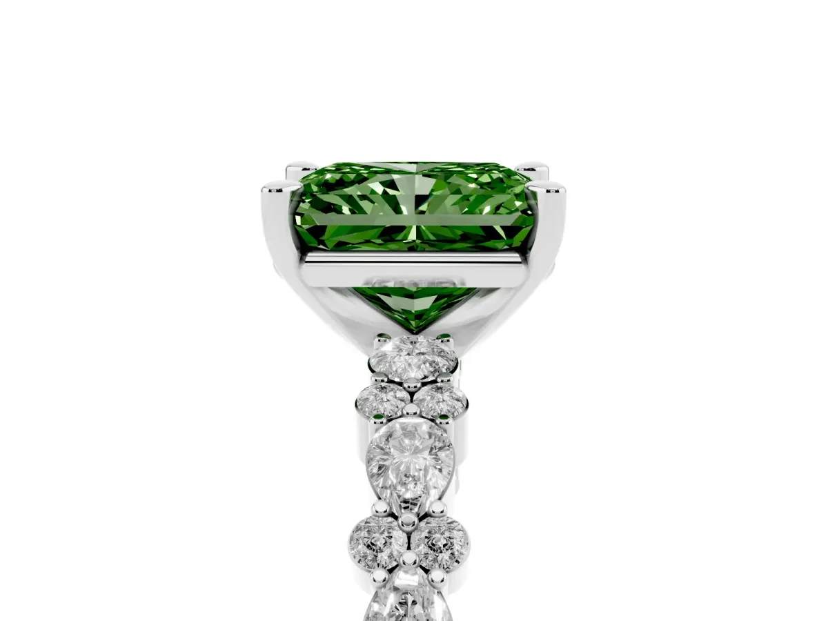 Fancy Green Radiant Cut Diamond Side Stone Solitaire Ring with Round and Four-Prong Setting Silver