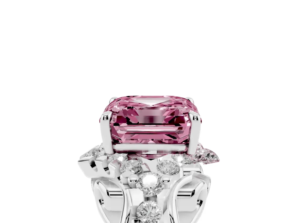 Fancy Pink Asscher Cut Diamond Solitaire Ring with Hidden Halo and Pavé Band Platinum