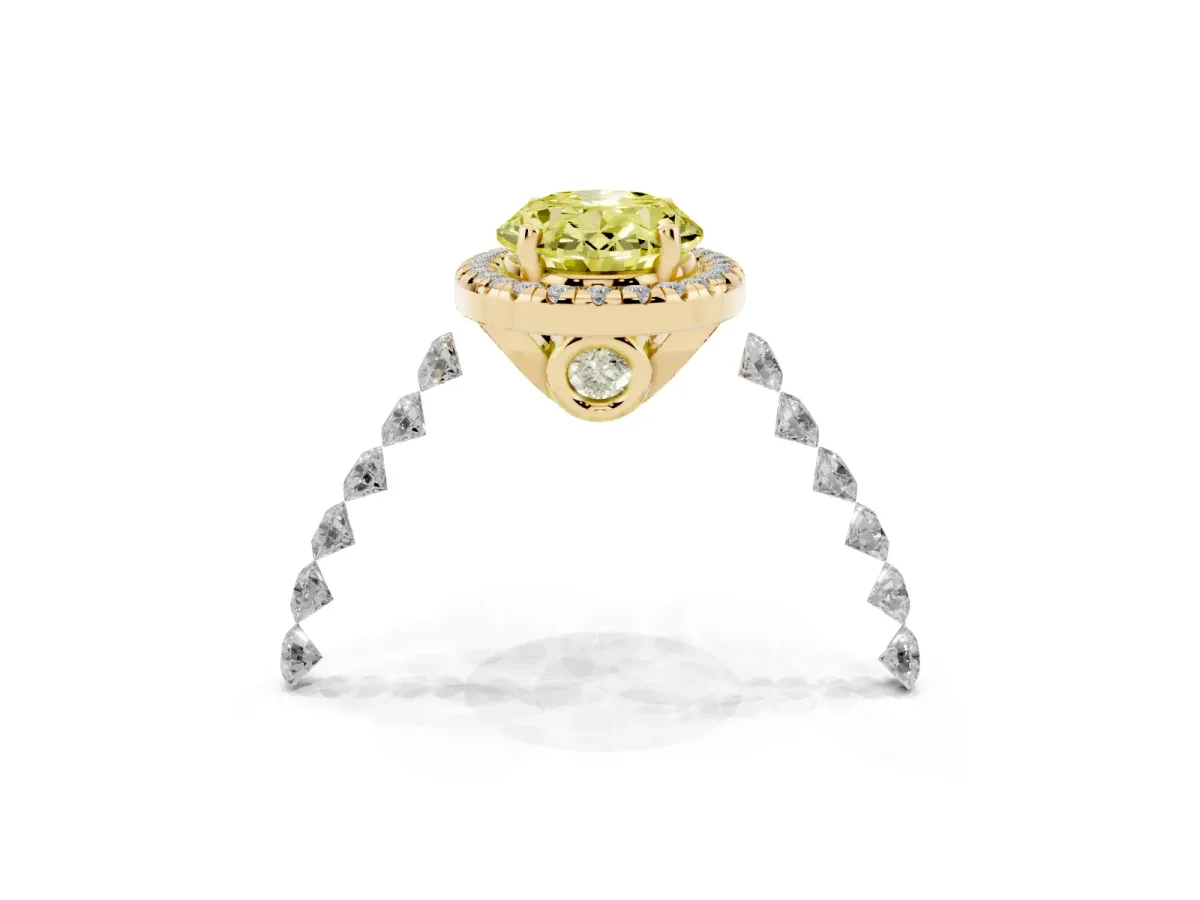 Fancy Yellow Oval Cut Halo Pavé Diamond Engagement Ring with Four-Prong Setting Yellow gold