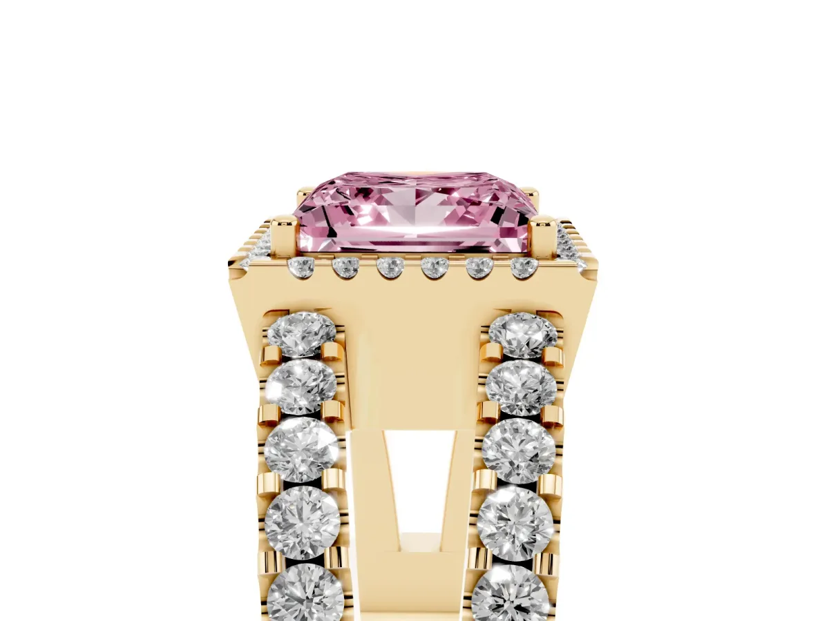 Fancy Pink Princess Cut Cut Halo Split Shank Diamond Ring with Four-Prong Setting Yellow gold
