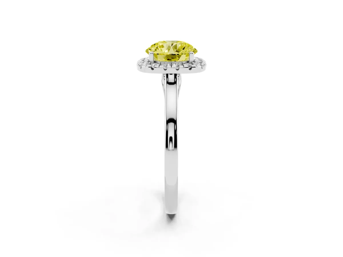 Fancy Yellow Round Cut Halo Round Diamond Solitaire Ring with Pavé Band and Four-Prong Setting Silver