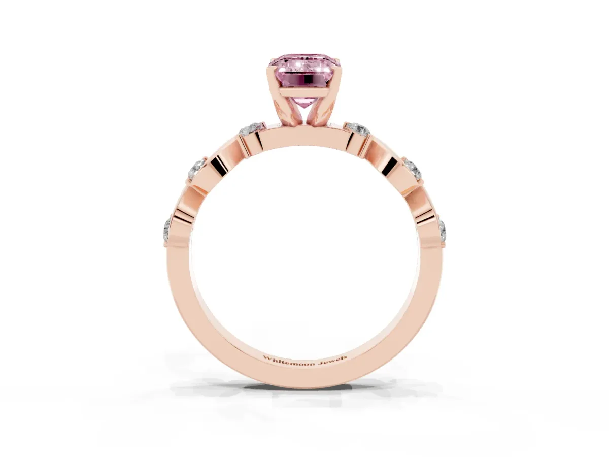 Fancy Pink Emerald Cut Diamond Solitaire Twisted Band with Round Accents and Prong Setting Rose gold