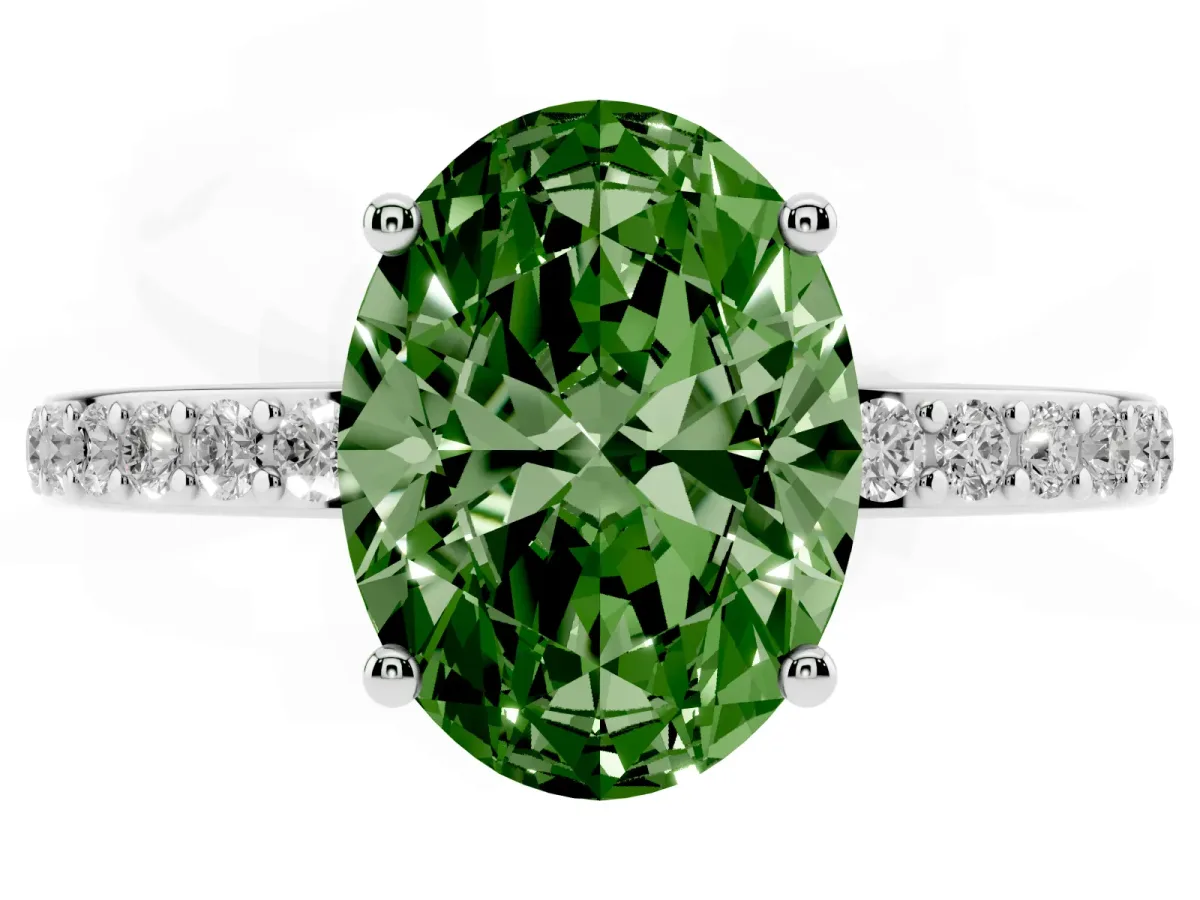 Fancy Green Oval Cut Cut Diamond Pavé Band Ring with Four-Prong Setting Platinum