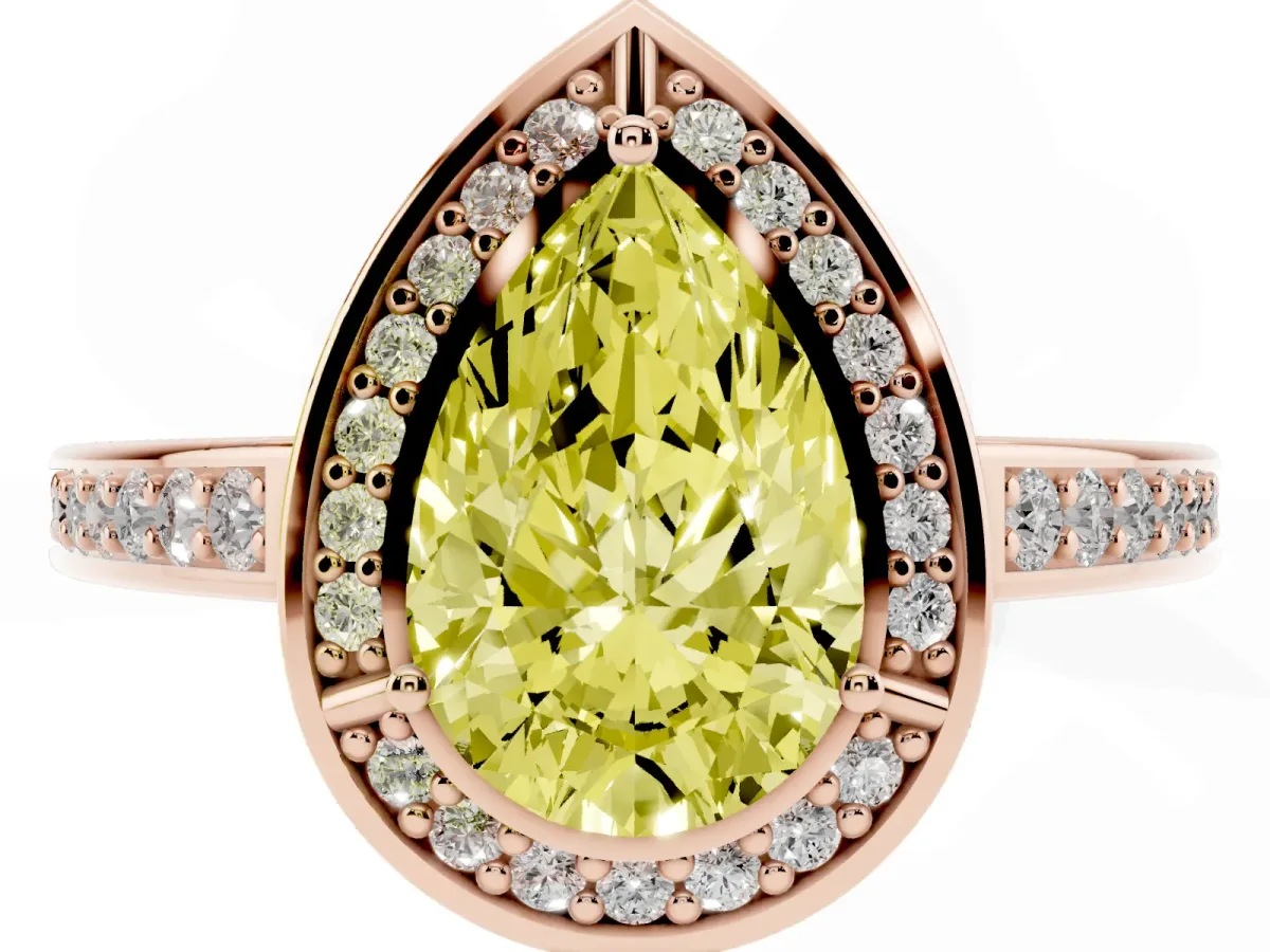 Fancy Yellow Pear Cut Cut Halo Pave Split Shank Prong Setting Ring Rose gold