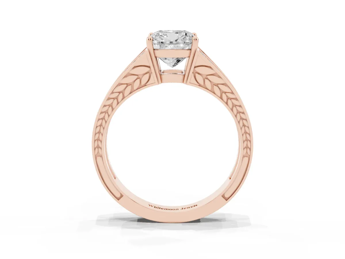Cushion Cut Diamond Split Shank Ring with Pavé Band and Four-Prong Setting Rose gold