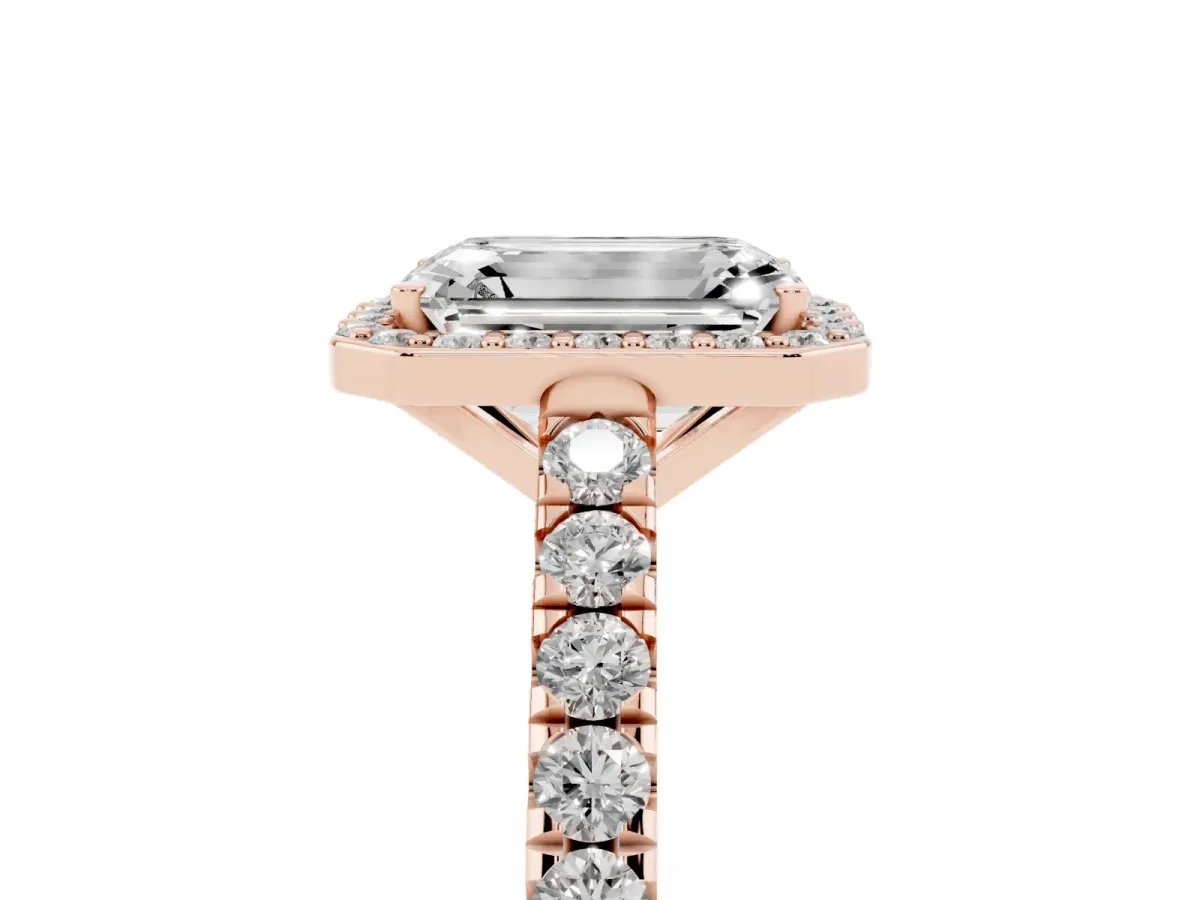 Emerald Cut Cut Halo Diamond Engagement Ring with Pave Band and Four-Prong Setting Rose gold