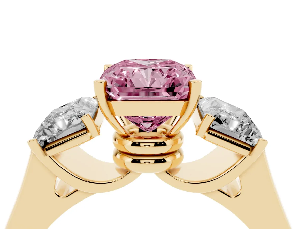 Fancy Pink Three-Stone Radiant Cut Brilliant Diamond Trellis Ring with Comfort Fit Band Yellow gold