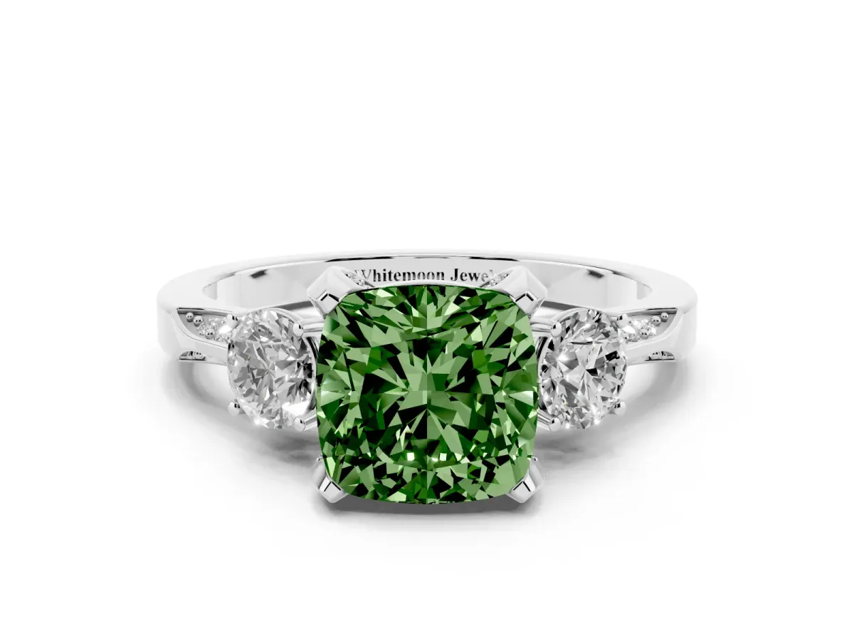 Fancy Green Cushion Cut Brilliant Three-Stone Diamond Ring with Pavé Band and Four-Prong Setting Silver