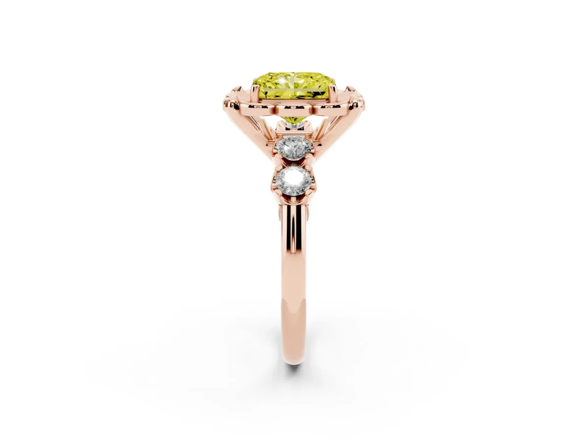 Fancy Yellow Radiant Cut Cut Diamond Floral Halo Engagement Ring with Shared Prong Setting Rose gold