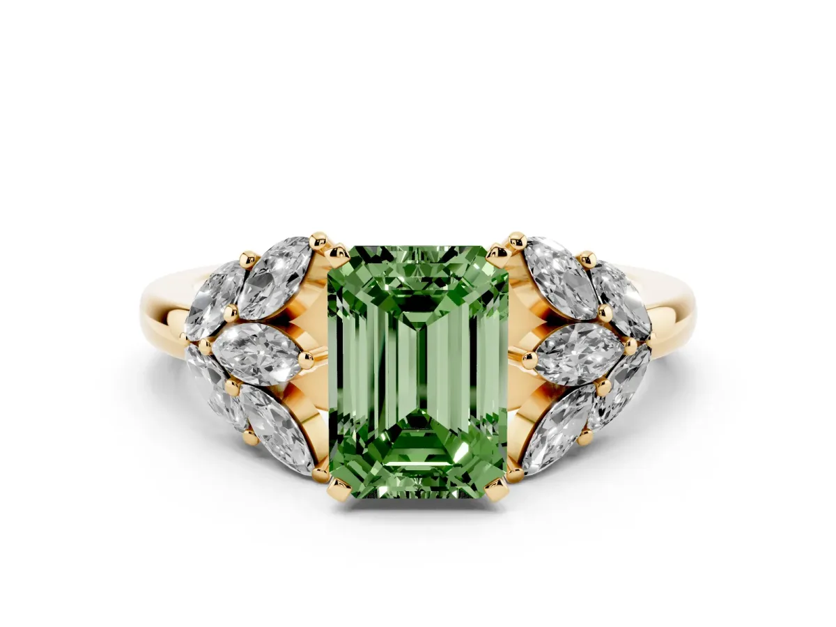 Fancy Green Emerald Cut Diamond Cluster Leaf Design Ring with Prong Setting Yellow gold