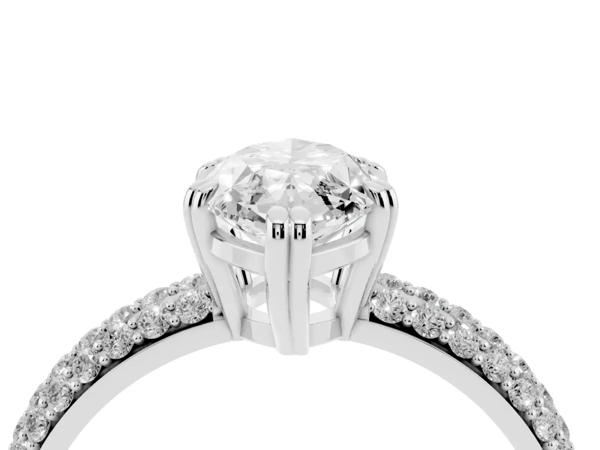 Marquise Cut Diamond Solitaire Ring with Multi-Row Round Pavé Band and Prong Setting Silver