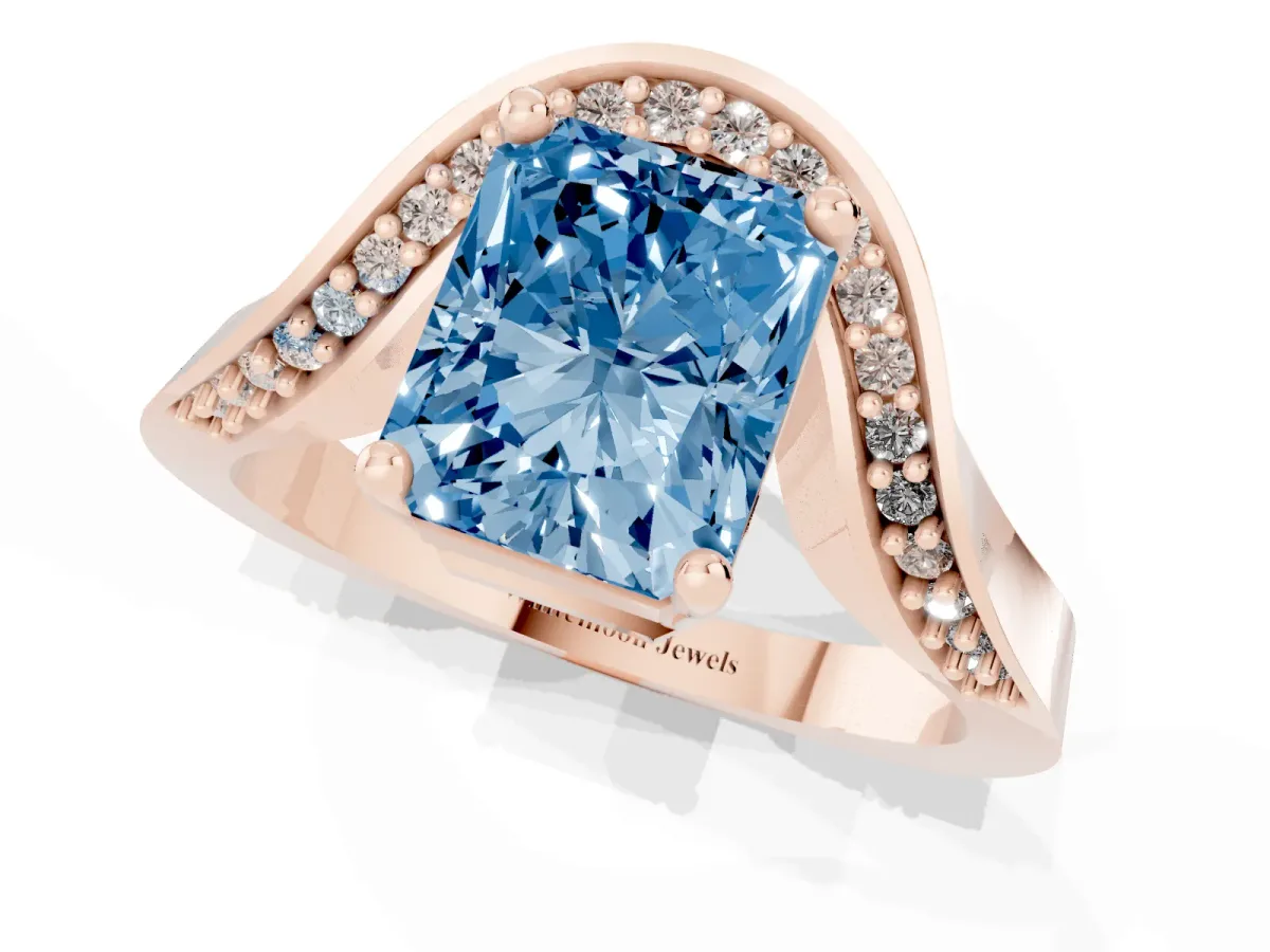 Fancy Blue Radiant Cut Solitaire Diamond Engagement Ring with Pave Band and Four-Prong Setting Rose gold