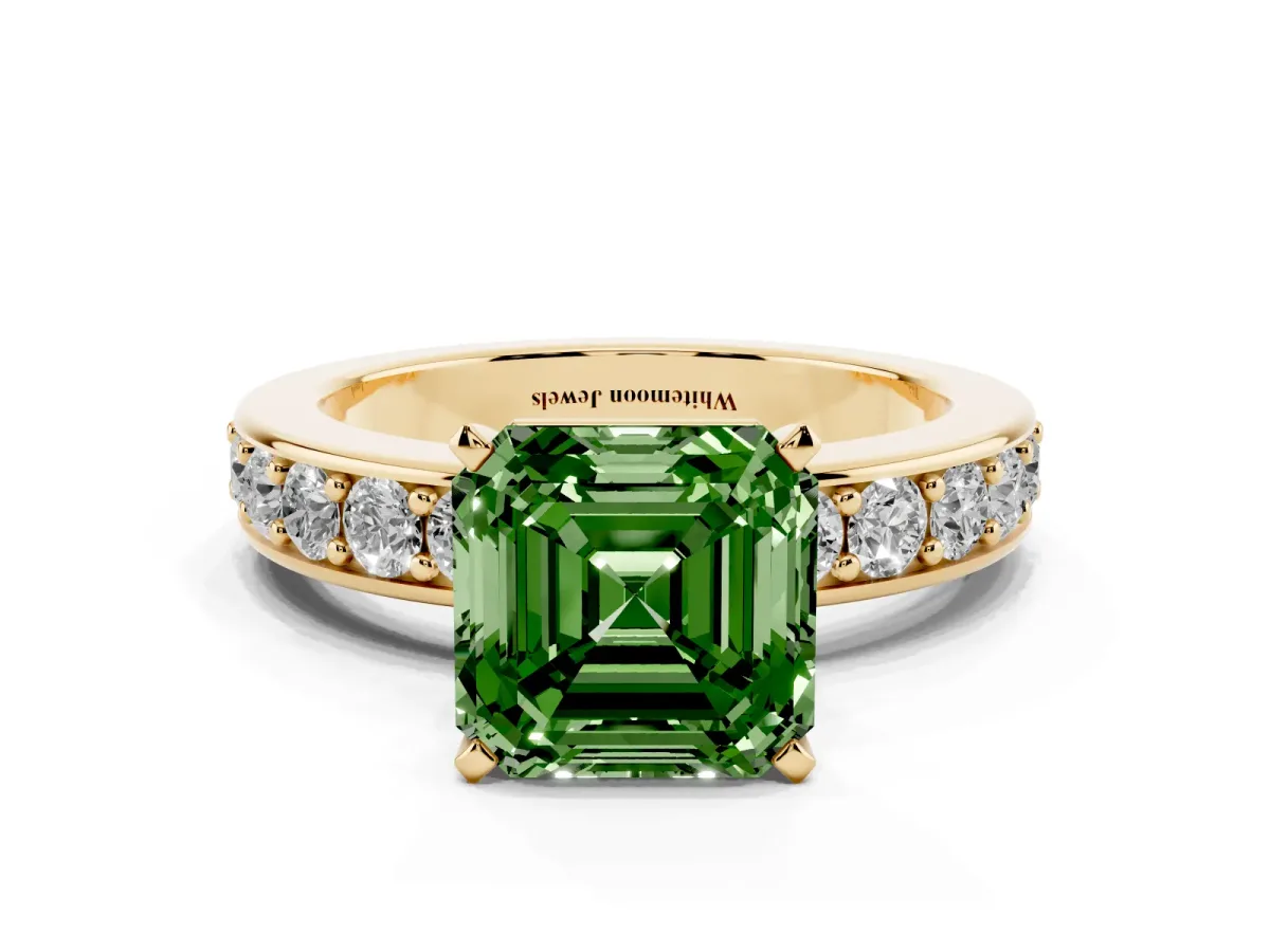 Fancy Green Asscher Cut Diamond Engagement Ring with Channel Set Round Band and Prong Setting Yellow gold