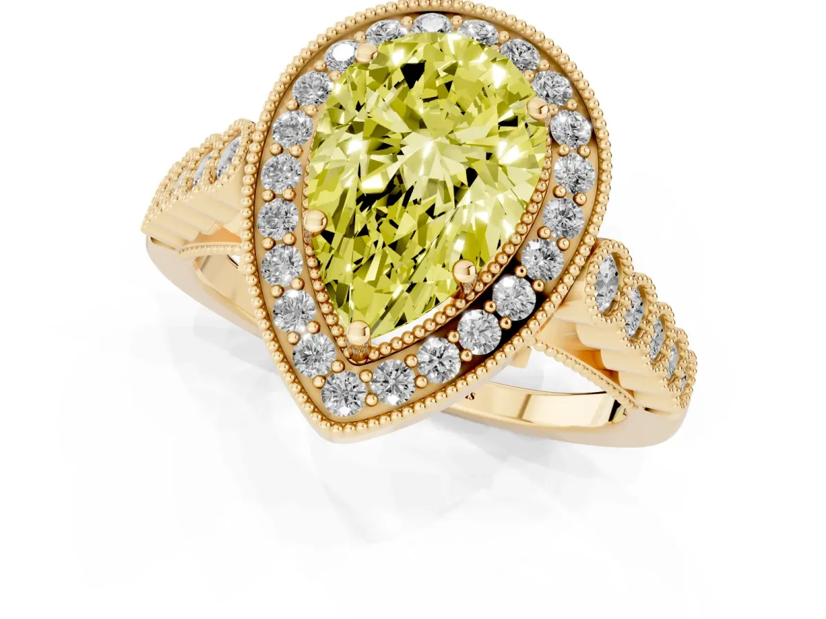 Fancy Yellow Pear Cut Halo Twist Band Solitaire Ring with Six-Prong Setting Yellow gold