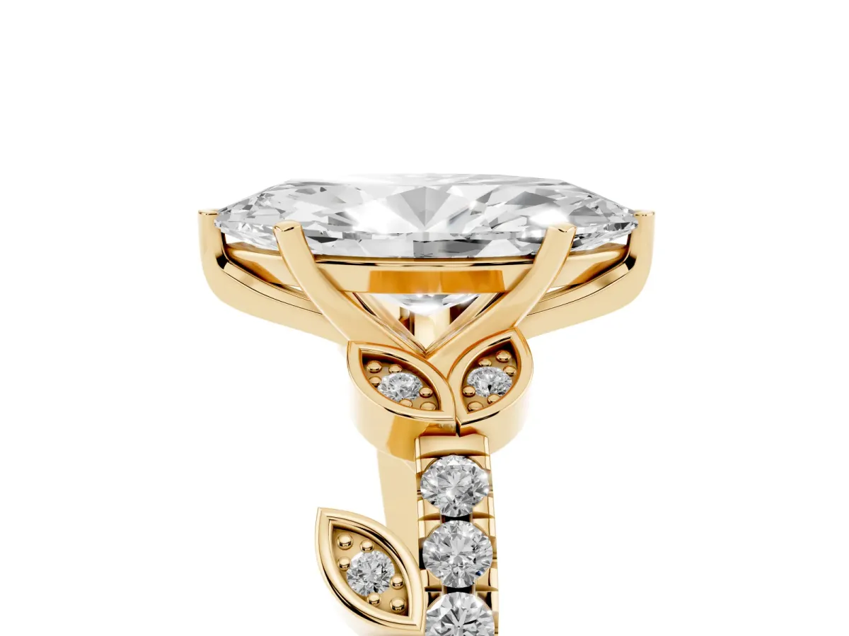 Marquise Cut Solitaire Leaf-Inspired Diamond Ring with Pavé Band and Four-Prong Setting Yellow gold