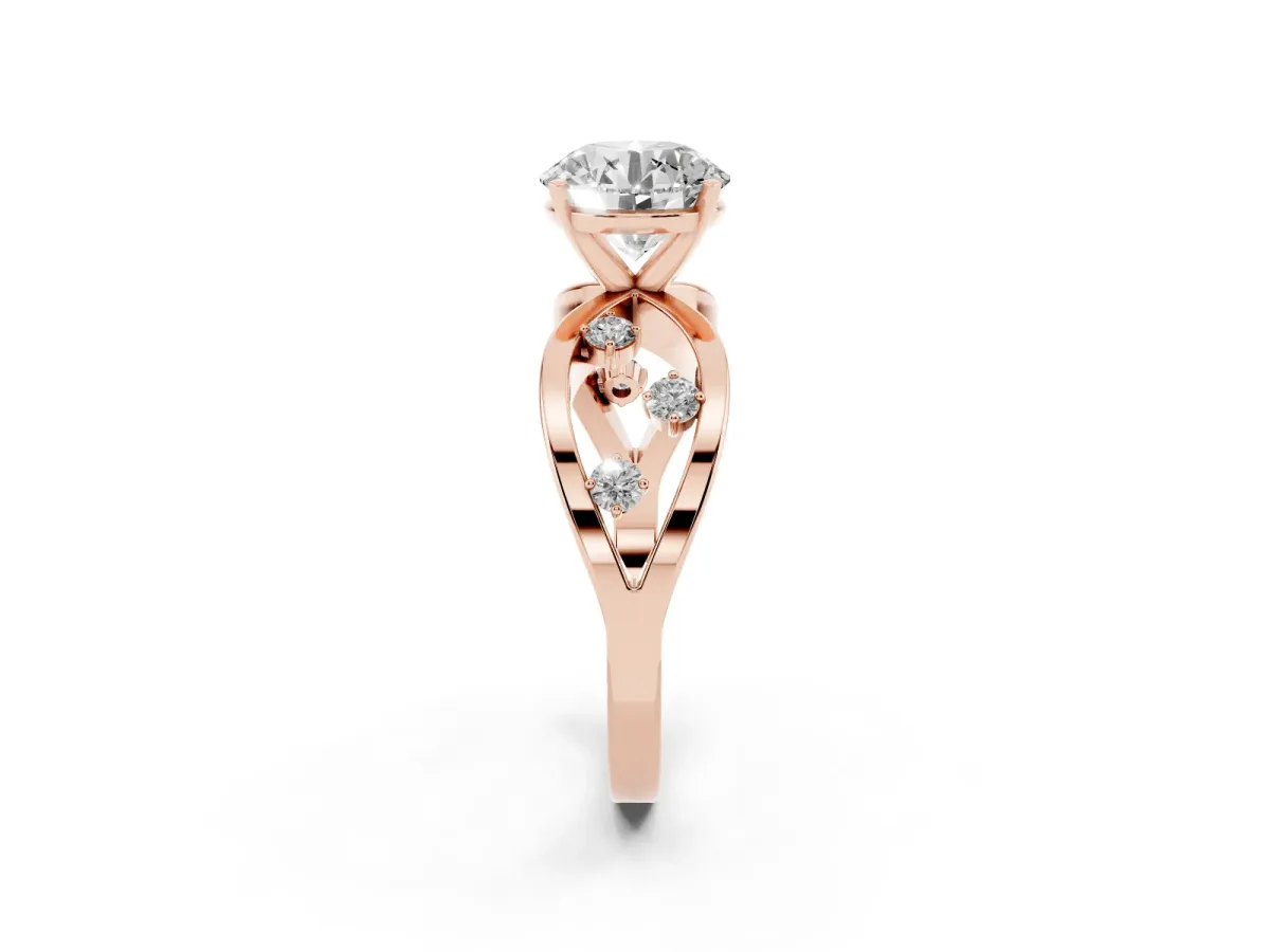 Round Cut Cut Solitaire Diamond with Side Stones on Criss-Cross Band and Four-Prong Setting Rose gold