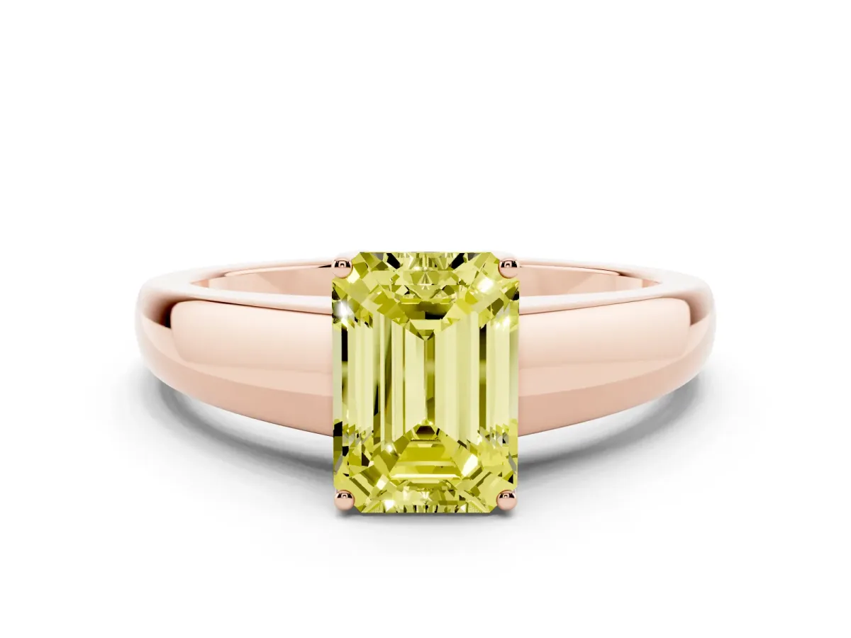 Fancy Yellow Emerald Cut Solitaire Diamond Ring with Tapered Band and Four-Prong Setting Rose gold