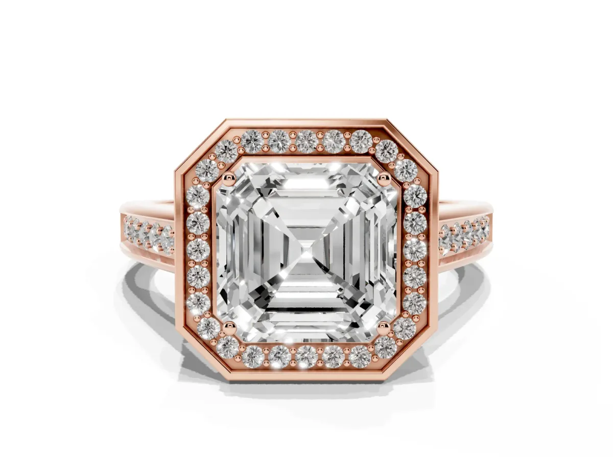 Asscher Cut Halo Solitaire Diamond Ring with Pave Band and Bezel Setting Rose gold
