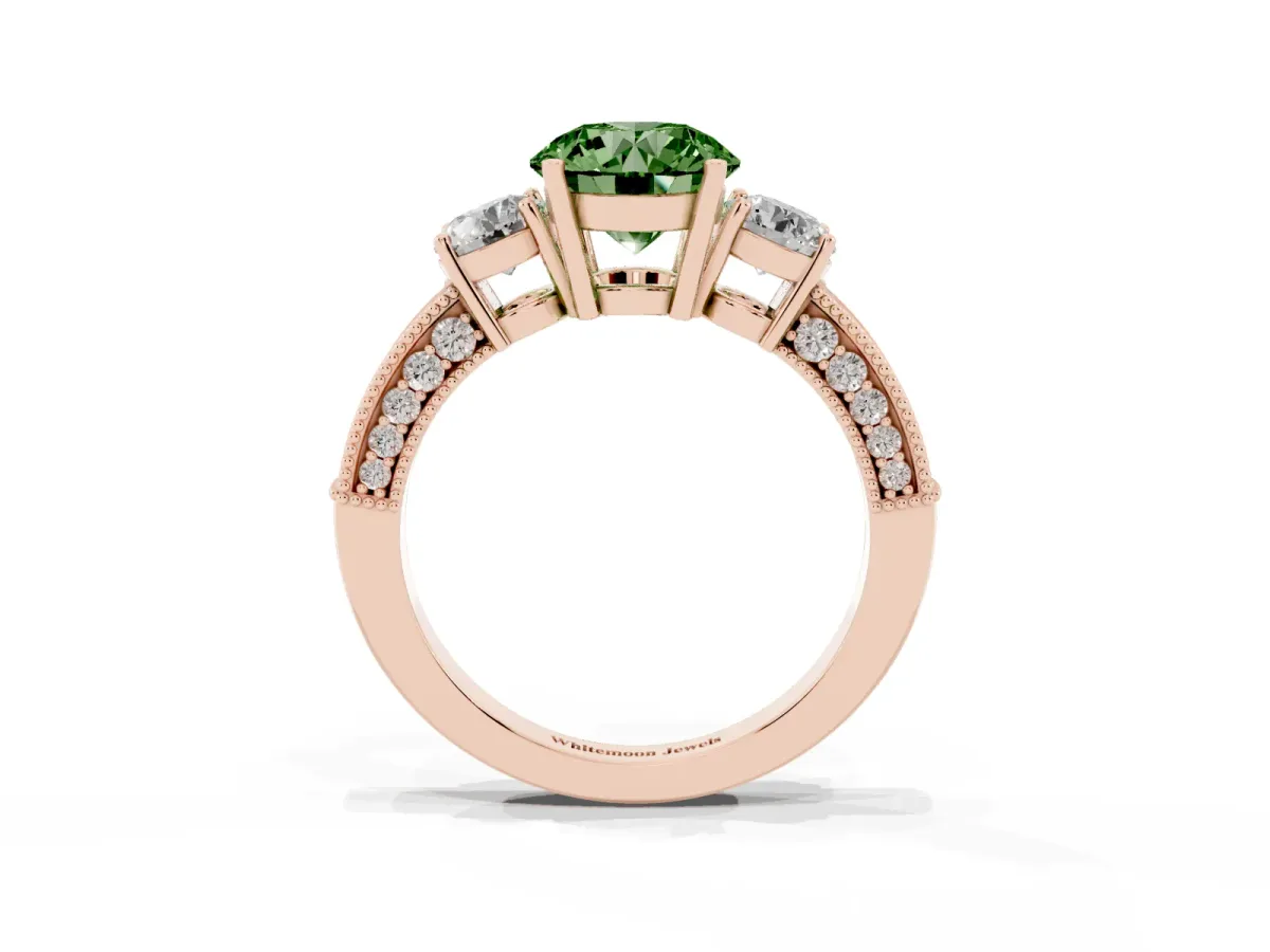 Fancy Green Round Cut Three-Stone Diamond Ring with Pavé Band and Four-Prong Setting Rose gold