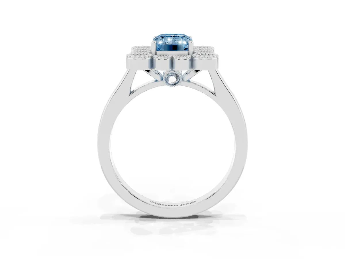 Fancy Blue Emerald Cut Halo Diamond Cluster Engagement Ring with Milgrain Bezel Setting and Solitaire Band Platinum