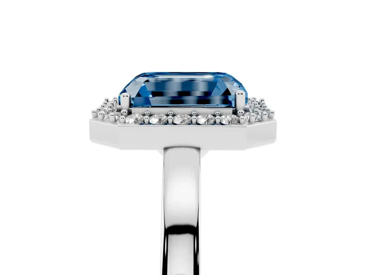 Fancy Blue Radiant Cut Halo Diamond Ring with Solitaire Band and Prong Setting Silver